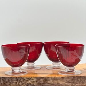 Ruby Red Glass Stemware Goblet Dessert Bowl Clear Base Engraved Set of 4